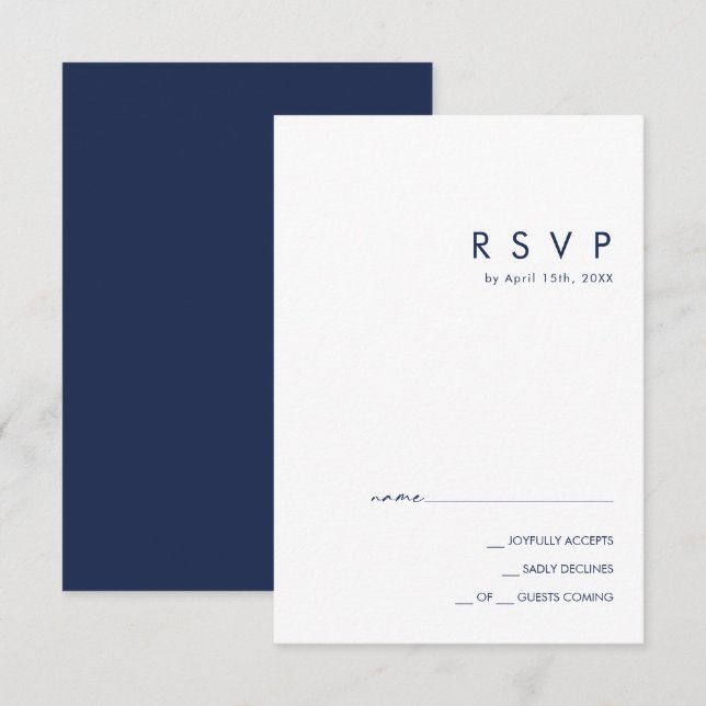 Moderne Minimalistisch Navy Blue RSVP Karte (Vorne/Hinten)