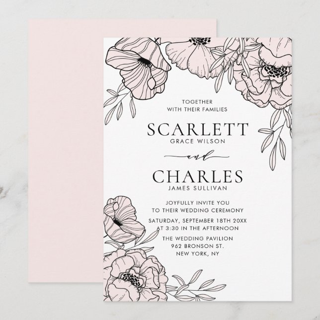 Moderne Minimalistisch-Rosa-Blume Hochzeit Einladung (Vorne/Hinten)