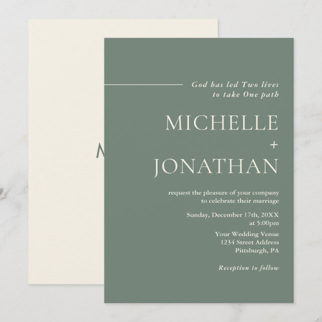 Moderne Minimalistisch Sage Green Christlich Weddi Einladung (Vorne/Hinten)