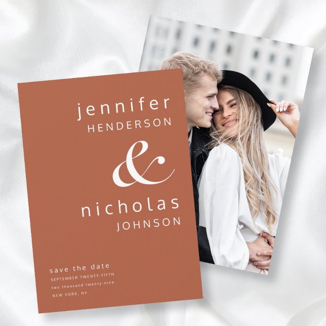 Moderne Minimalistisch Terracotta Ampersand Foto Save The Date (Modern Minimalist Terracotta Ampersand Photo Save The Date)