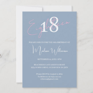 Moderne Minimalistische 18. Pink Blaue Geburtstag Einladung