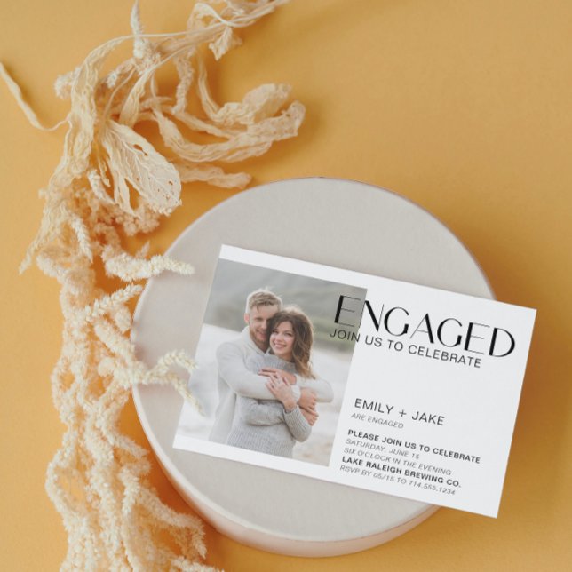 Moderne Minimalistische 2-Foto-Verlobung Schwarz/W Einladung (Engaged & Excited! Join Us for the Party 🥂💍 [Personalize Here])