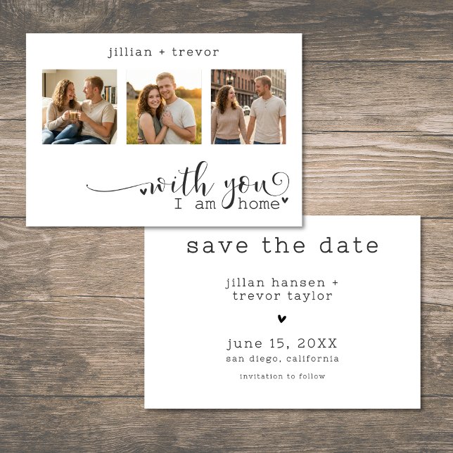 Moderne Minimalistische 3-Foto-Script-Collage-Hoch Save The Date (Modern Minimalist 3 Photo Script Collage Wedding Save The Date)