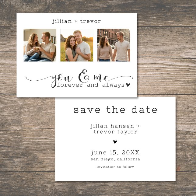 Moderne Minimalistische 3-Foto-Script-Collage-Hoch Save The Date (Modern Minimalist 3 Photo Script Collage Wedding Save The Date)