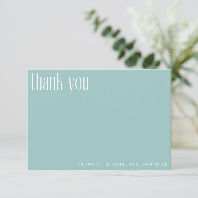 Moderne Minimalistische Aqua Blue Custom Wedding Dankeskarte (Stehend Vorderseite)