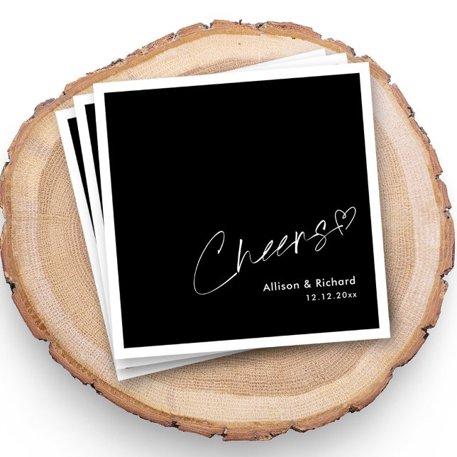 Moderne Minimalistische Beifall! Black Wedding Nap Serviette (Personalized modern and minimalist cheers wedding napkins with your names and date)