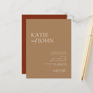 Moderne minimalistische beige-braune Boho-Hochzeit Ankündigungspostkarte