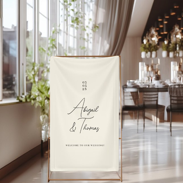 Moderne, minimalistische, beige, hochzeit banner (Modern, minimal, beige "welcome" wedding banner with your name & date.)