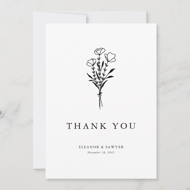 Moderne Minimalistische Black Floral Bouquet Weddi Dankeskarte (Vorderseite)
