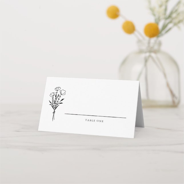 Moderne Minimalistische Black Floral Bouquet Weddi Platzkarte (Vorderseite)