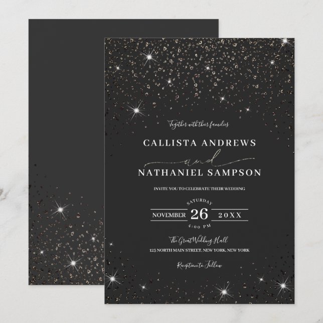 Moderne Minimalistische Black Glitzer Confetti Wed Einladung (Vorne/Hinten)
