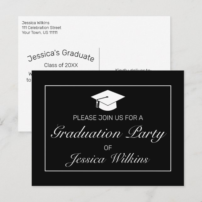 Moderne Minimalistische Black Graduation Party ein Ankündigungspostkarte (Vorne/Hinten)
