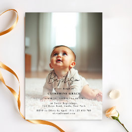 Moderne Minimalistische Black Script Baby Foto Tau Einladung