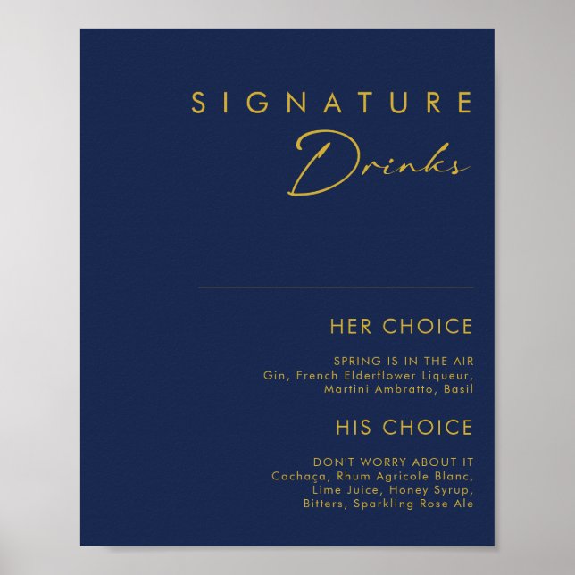 Moderne Minimalistische Blauer Goldsignaturgetränk Poster (Vorne)