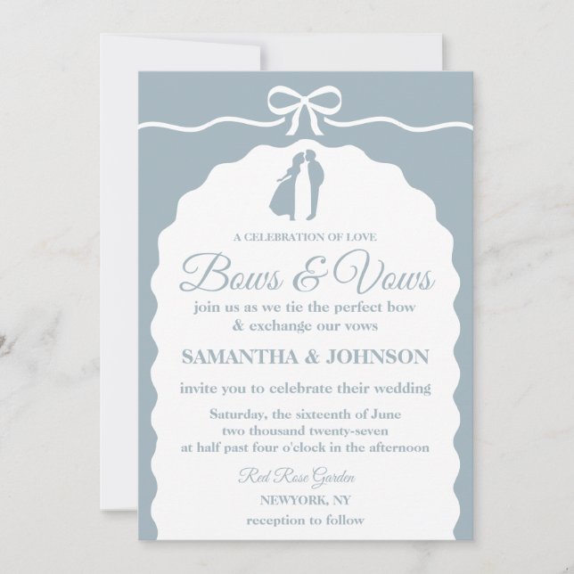 Moderne Minimalistische Blue Bows & Ribbons Hochze Einladung (Vorderseite)