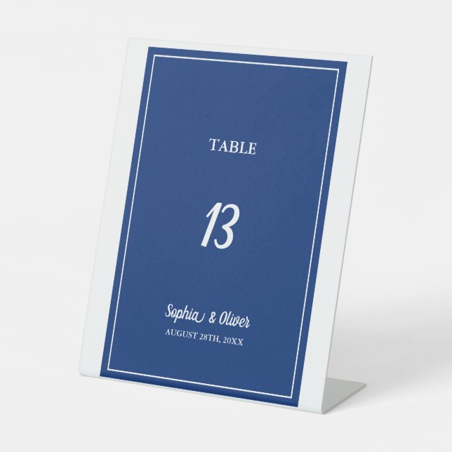 Moderne Minimalistische Blue Wedding Tischnummer Sockelschild (Vorderseite)
