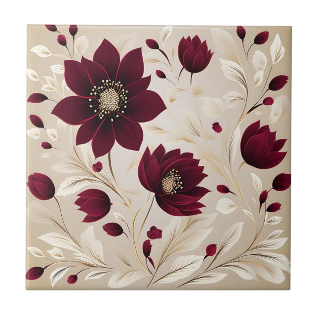 Moderne Minimalistische Blume in Burgund Fliese (Vorderseite)
