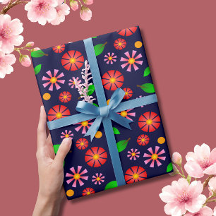Moderne minimalistische Blumenmuster dunkelblau Geschenkpapier