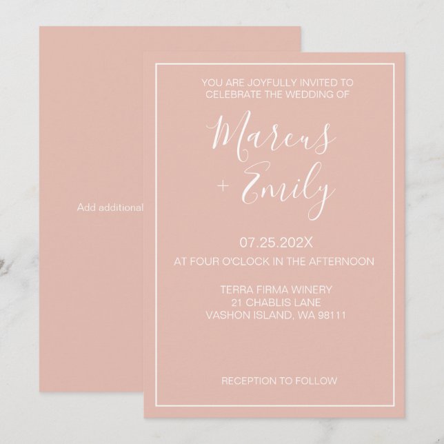 Moderne Minimalistische Blush & White Wedding Einladung (Vorne/Hinten)