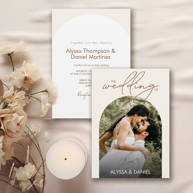 Moderne Minimalistische Boho Arch Foto Hochzeit Einladung (Boho arch custom photo unique wedding invitation.)