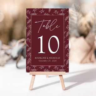 Moderne minimalistische botanische Merlot-Hochzeit Tischnummer