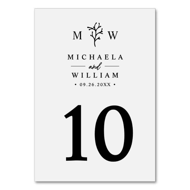 Moderne Minimalistische Botanische Monogramm-Hochz Tischnummer (Vorderseite)