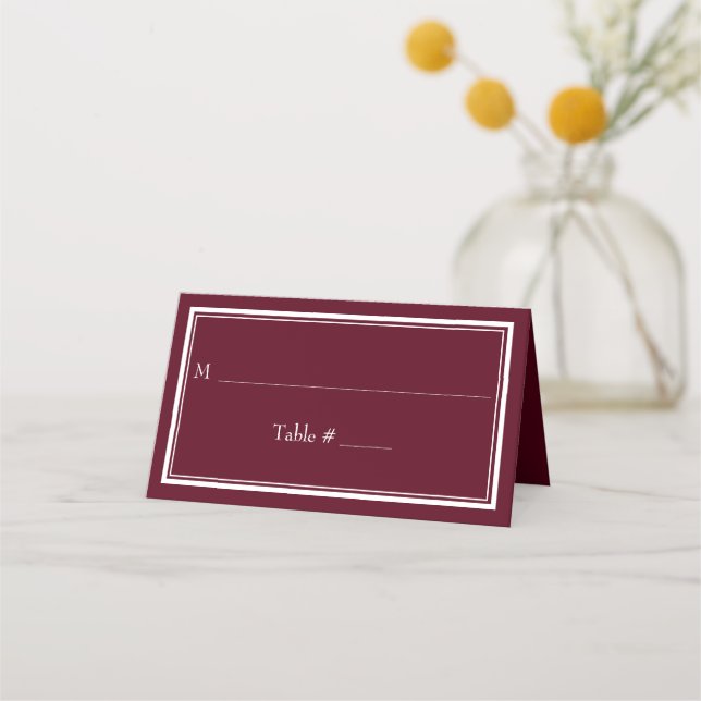 Moderne Minimalistische Burgunder Hochzeit an der  Platzkarte (Vorderseite)