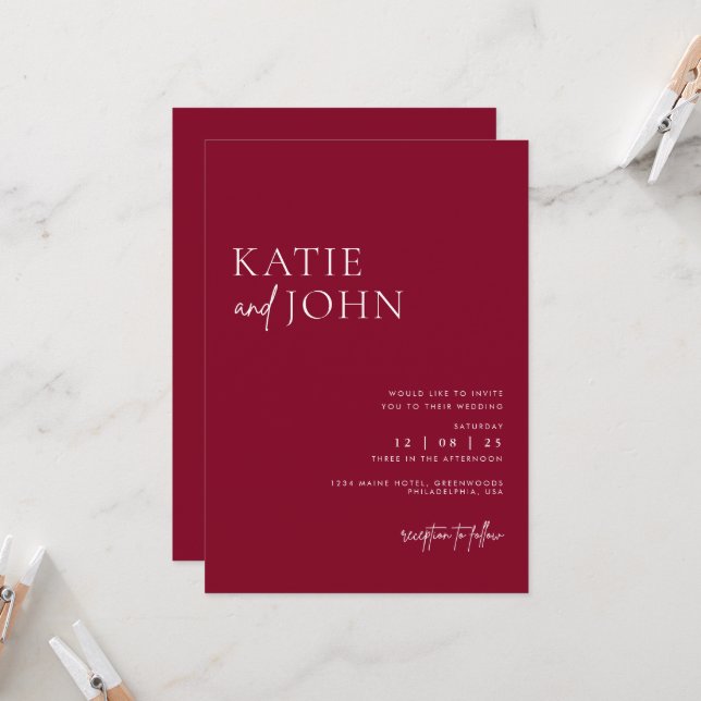 Moderne Minimalistische Burgundy-Hochzeit Einladung (Vorderseite/Rückseite Beispiel)
