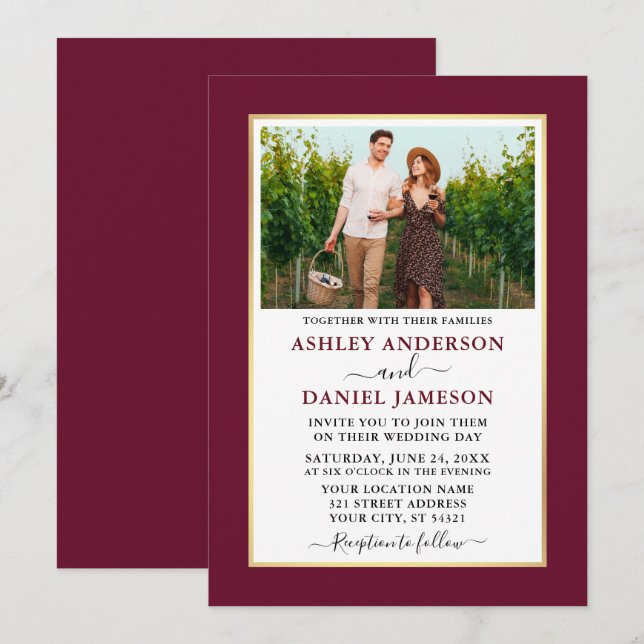 Moderne Minimalistische Burgundy-Hochzeit Einladung (Vorne/Hinten)