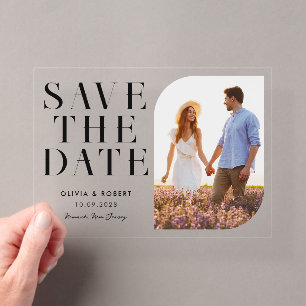 Moderne minimalistische Chic-Foto-Hochzeit Termin Acryleinladungen