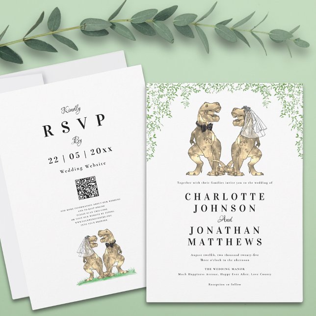 Moderne Minimalistische Dinosaur-Hochzeit Einladung (Botanical dinosaur theme wedding invitation with qr code and T-Rex bride and groom)