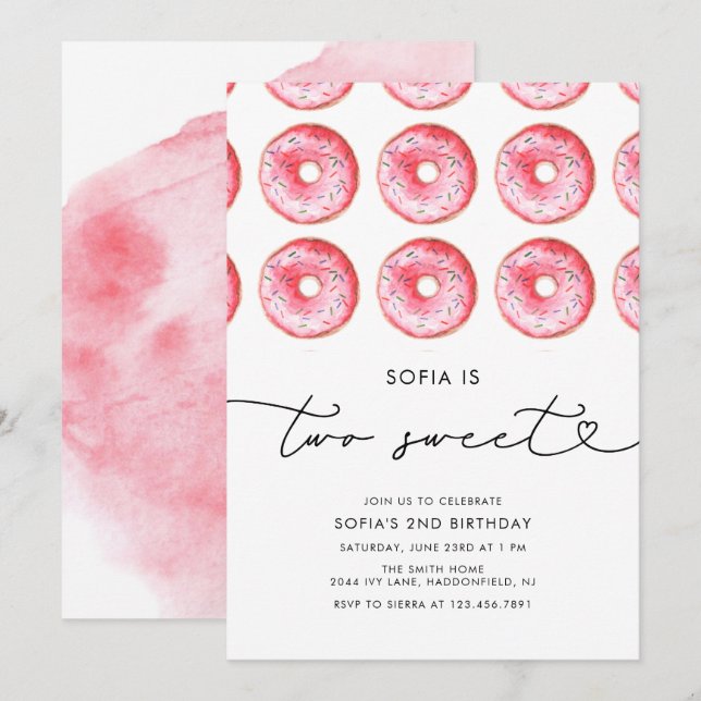 Moderne Minimalistische Donut Two Sweet Birthday Einladung (Vorne/Hinten)