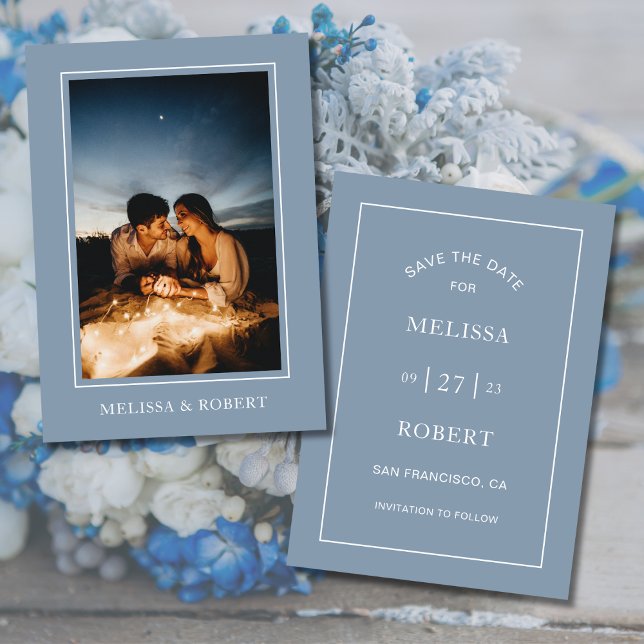 Moderne Minimalistische Dusty Blue Foto Wedding Einladung (Dusty Blue Simple Modern Photo Wedding Invitation)