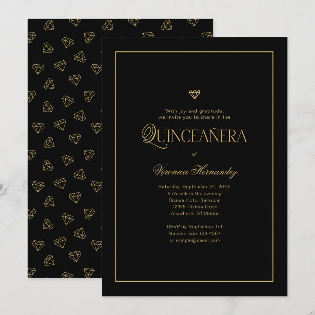 Moderne Minimalistische Elegante Black Gold Quince Einladung (Vorne/Hinten)