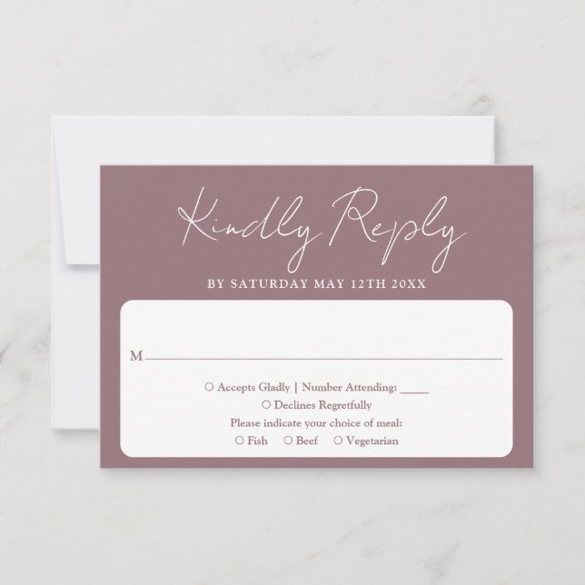 Moderne Minimalistische, elegante Script Mauve Wed RSVP Karte (Vorderseite)