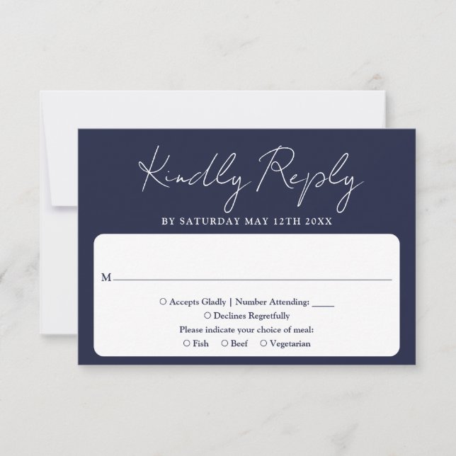 Moderne Minimalistische, elegante Script Navy Blue RSVP Karte (Vorderseite)