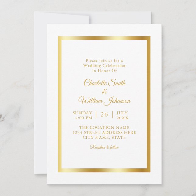 Moderne Minimalistische, elegante White-Gold-Hochz Einladung (Vorderseite)