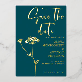 Moderne minimalistische florale Teal Save-the-Date Folieneinladung