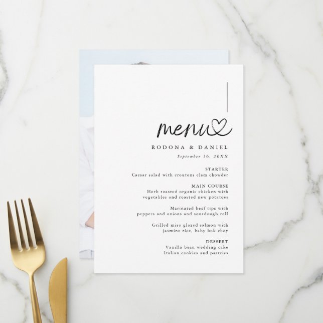 Moderne Minimalistische Foto-Hochzeit Menükarte (Vorderseite/Rückseite Beispiel)