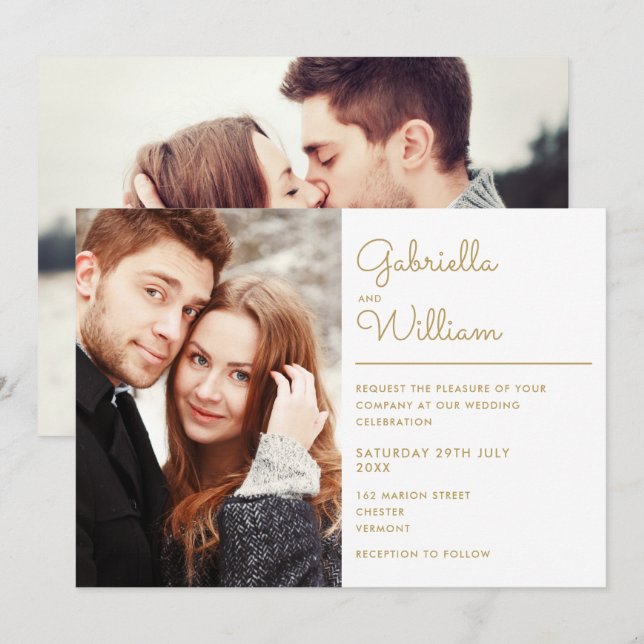 Moderne Minimalistische Gold Script 2 Foto Hochzei Einladung (Vorne/Hinten)