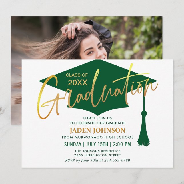 Moderne Minimalistische Golden Green Graduation Pa Einladung (Vorne/Hinten)