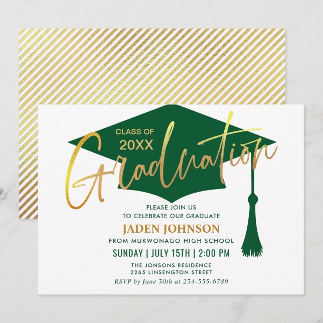 Moderne Minimalistische Golden Green Graduation Pa Einladung (Vorne/Hinten)