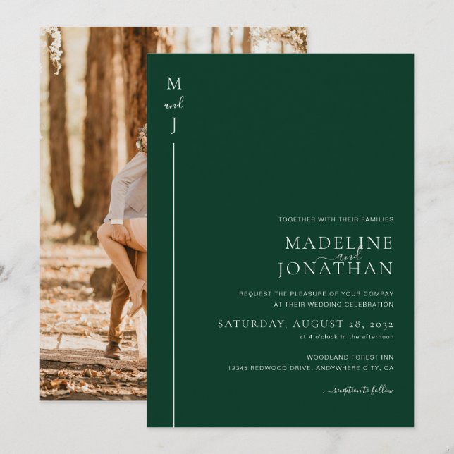 Moderne Minimalistische Grüne Foto Hochzeit Einladung (Vorne/Hinten)