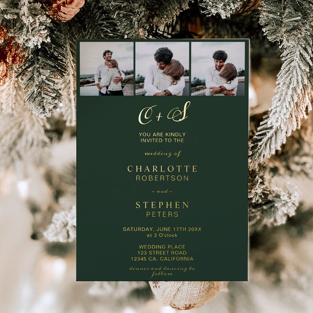 Moderne minimalistische grüne Initialen 4 Fotos Ho Folieneinladung (Modern minimalist green initials 4 photos wedding foil invitation)