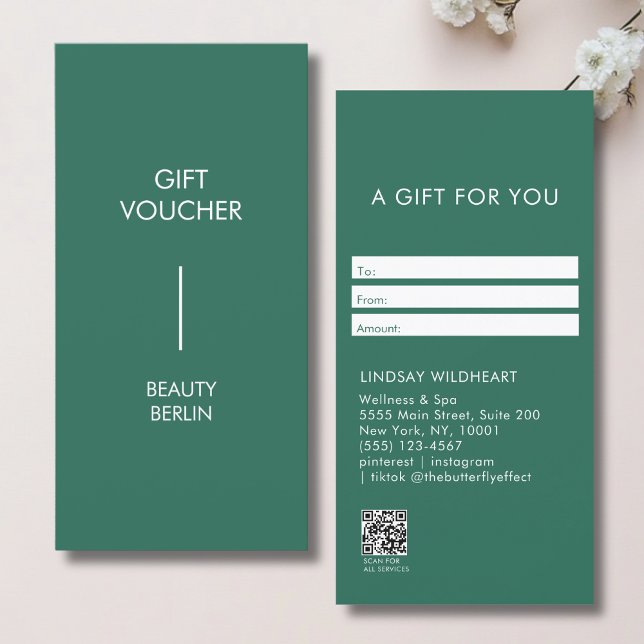Moderne minimalistische grüne QR-Code-Geschenkkart (Modern Minimalist Green QR Code Gift Certificate)