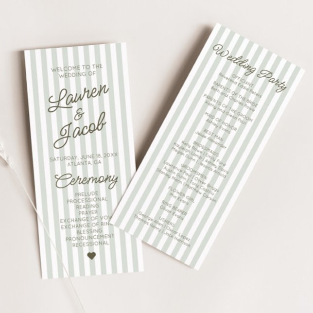 Moderne Minimalistische Grüne Streifen Hochzeit Programm (Von Creator hochgeladen)