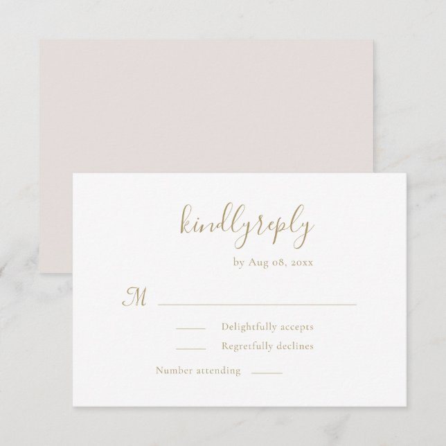 Moderne Minimalistische handgeschriebene Goldweiße RSVP Karte (Vorne/Hinten)