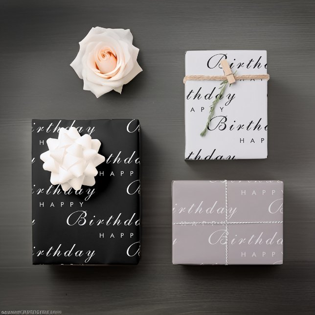 Moderne Minimalistische Happy Birthday Script Geschenkpapier Set (Von Creator hochgeladen)