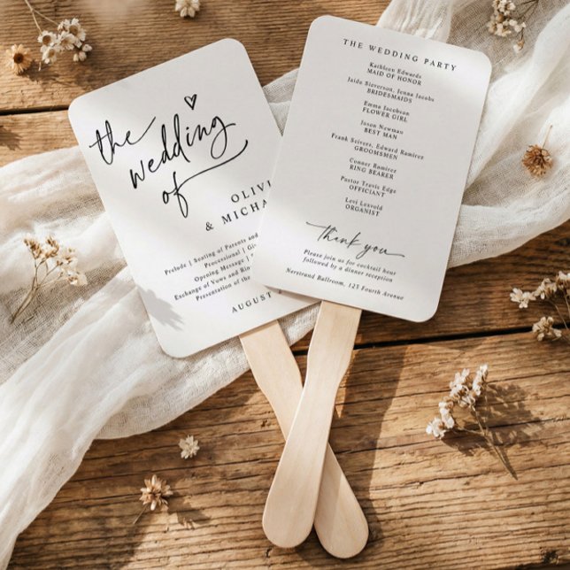 Moderne minimalistische Herz Hochzeitsprogramme el Fächer (Modern black and white wedding program fan with fun script, clean typography, and minimalist layout)