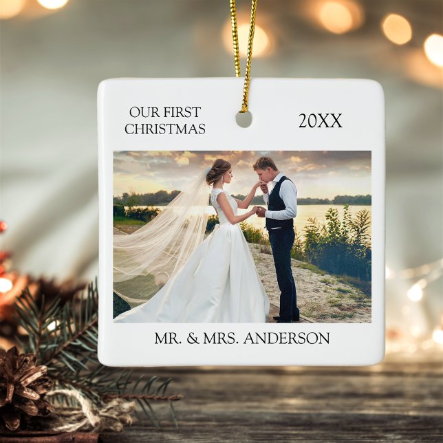 Moderne Minimalistische Hochzeit des ersten Fotos Keramikornament (Photo on Front & Back)